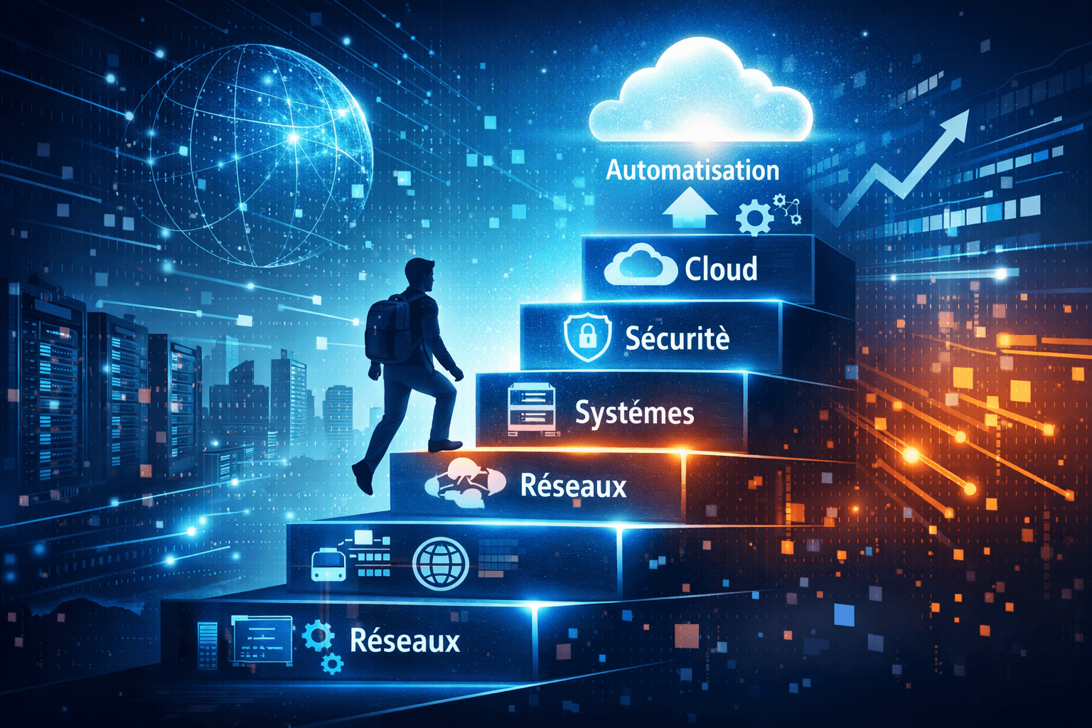Parcours IT Illustration moderne montrant un parcours de progression en IT avec des étapes Réseaux, Systèmes, Sécurité, Cloud et Automatisation menant vers le succès technologique.