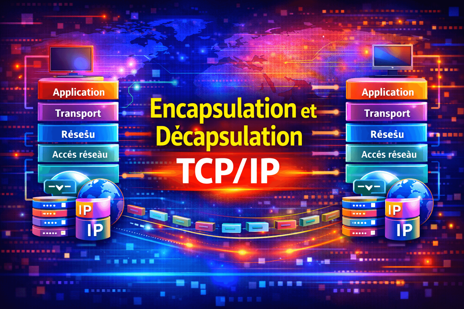 Encapsulation et décapsulation Graphic showing the concept of TCP/IP encapsulation and decapsulation with colorful stacked blocks labeled Application, Transport, Réseau, Accès réseau, and IP database icons; central text reads 'Encapsulation et Décapsulation TCP/IP'.