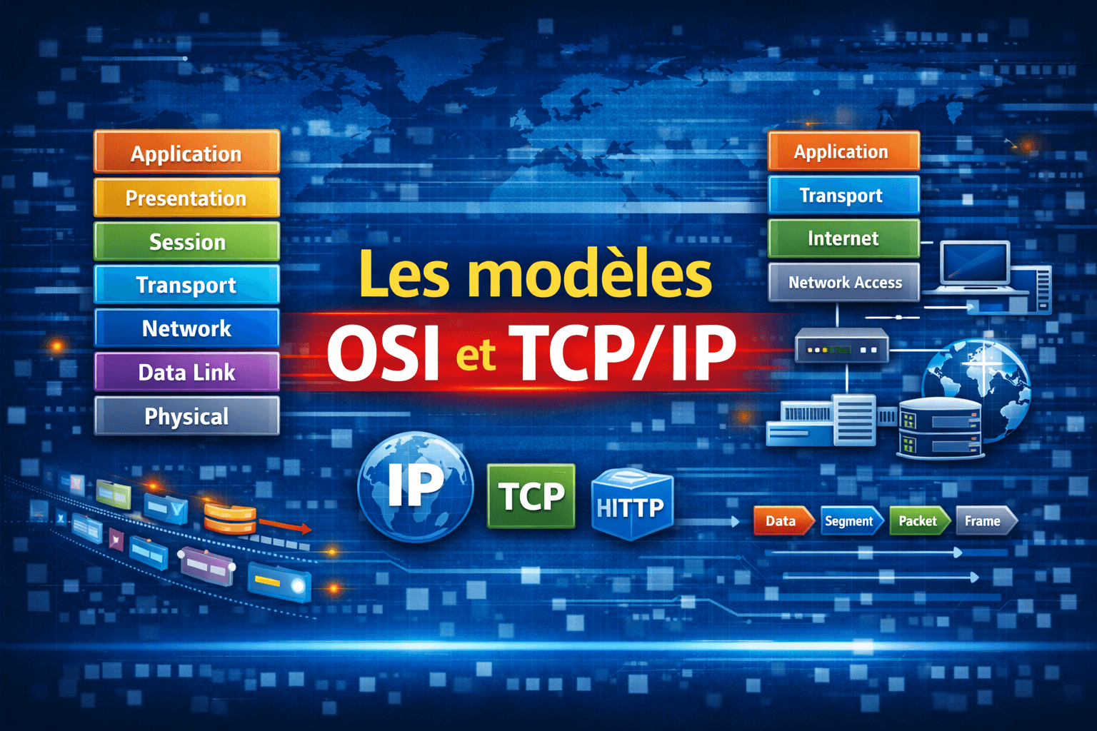 Les modèle OSI et TCP IP Illustration des modèles OSI et TCP/IP montrant les couches réseau, les protocoles IP, TCP, HTTP et le processus de communication réseau.