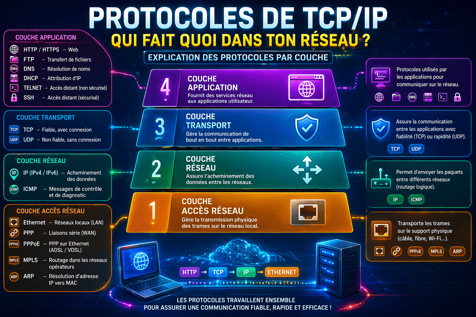 Les protocole de TCP IP Schéma des protocoles TCP/IP par couche avec HTTP, TCP, UDP, IP, DNS, Ethernet et leur rôle dans la communication réseau entre client et serveur.