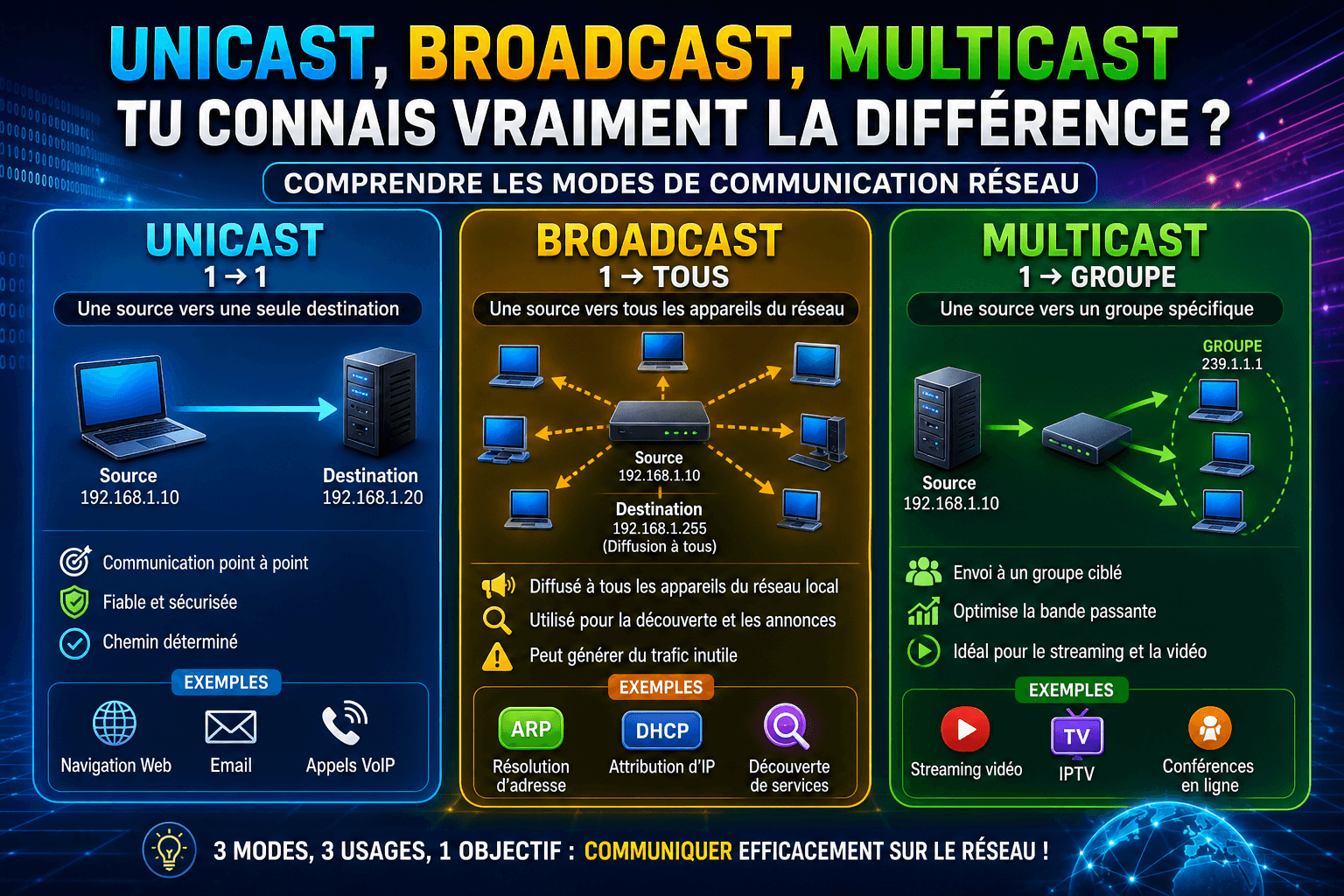 Illustration des modes de communication réseau unicast, broadcast et multicast montrant la transmission de données vers une machine, tout le réseau ou un groupe spécifique.
